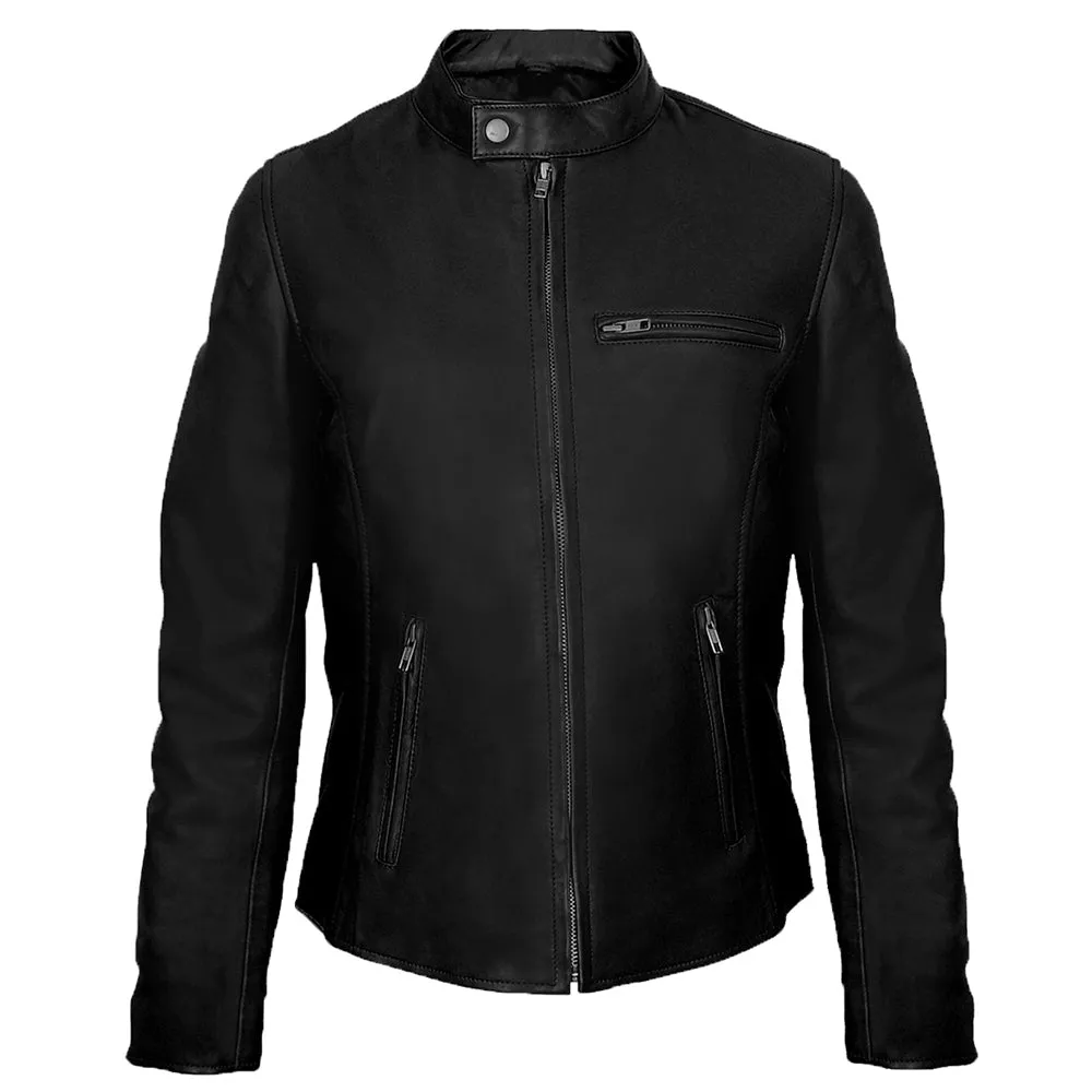 Moto Cafe Racer Womens Black Leather Jacket