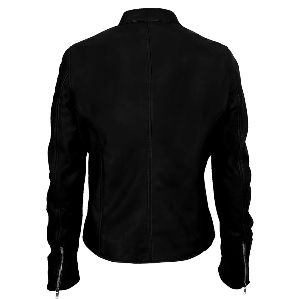 Moto Cafe Racer Womens Black Leather Jacket