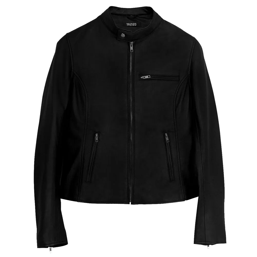 Moto Cafe Racer Womens Black Leather Jacket