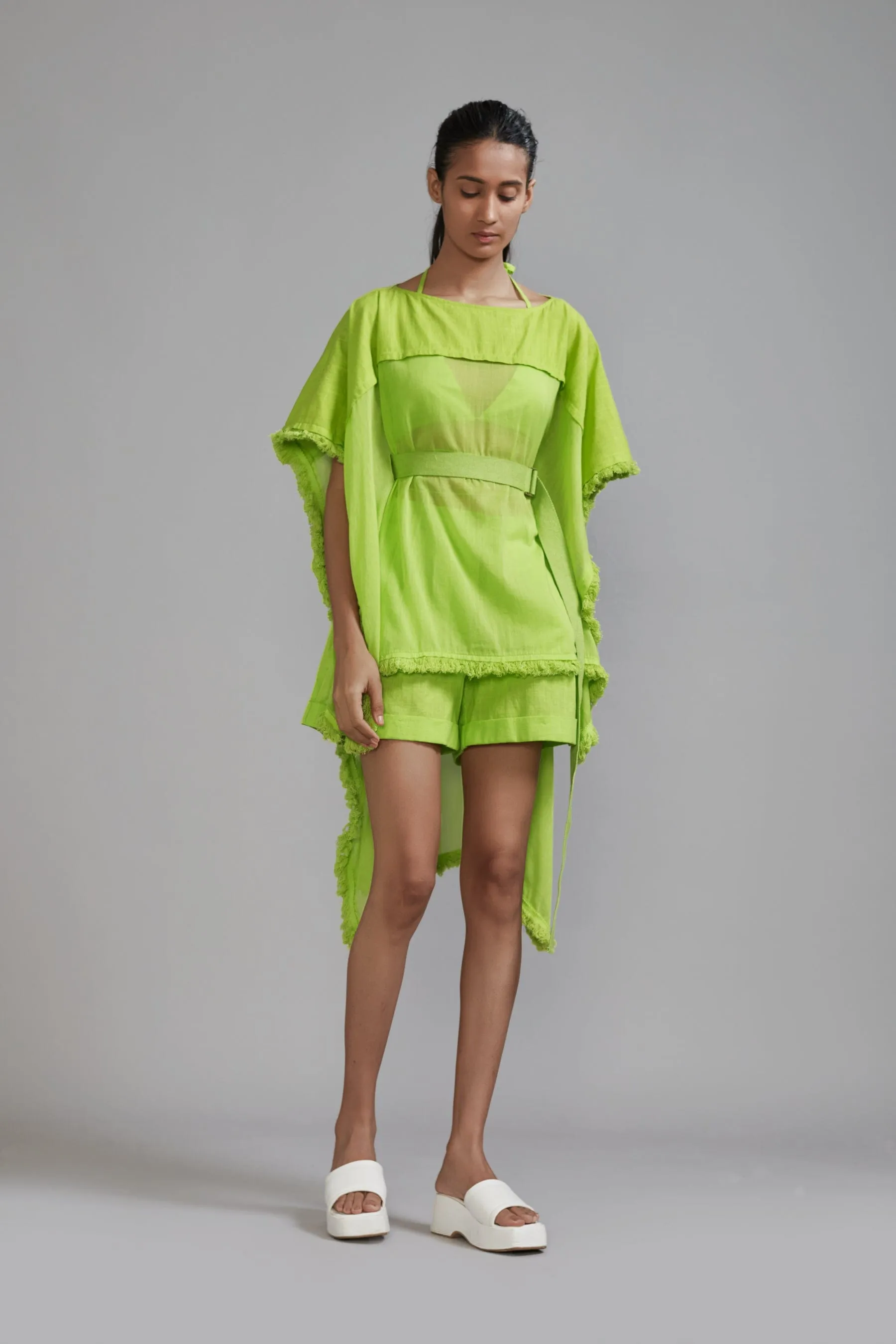 Neon Green Fringed Kaftan Co-Ords Set (3 PCS)