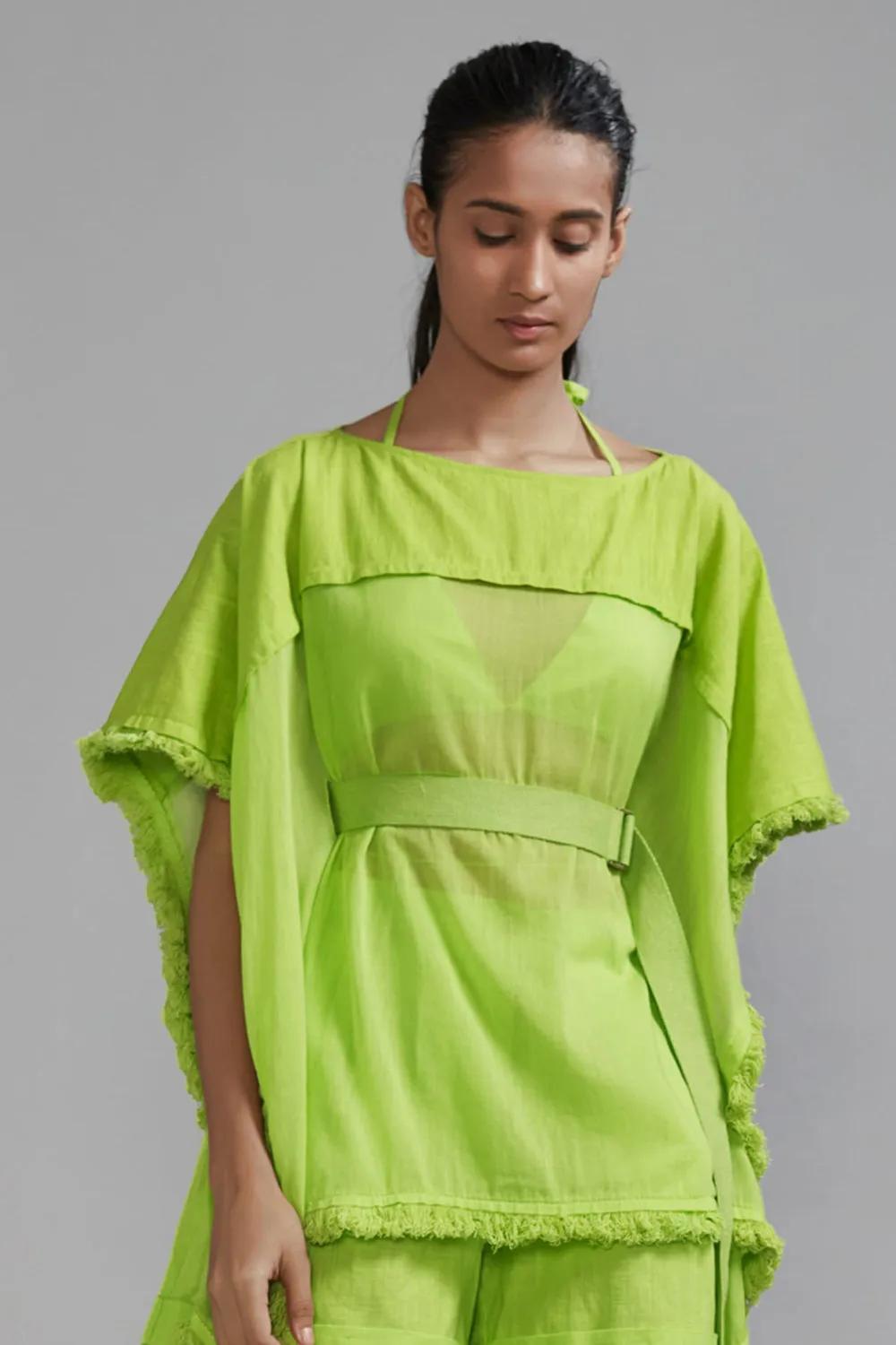 Neon Green Mul Kaftan Top With Belt