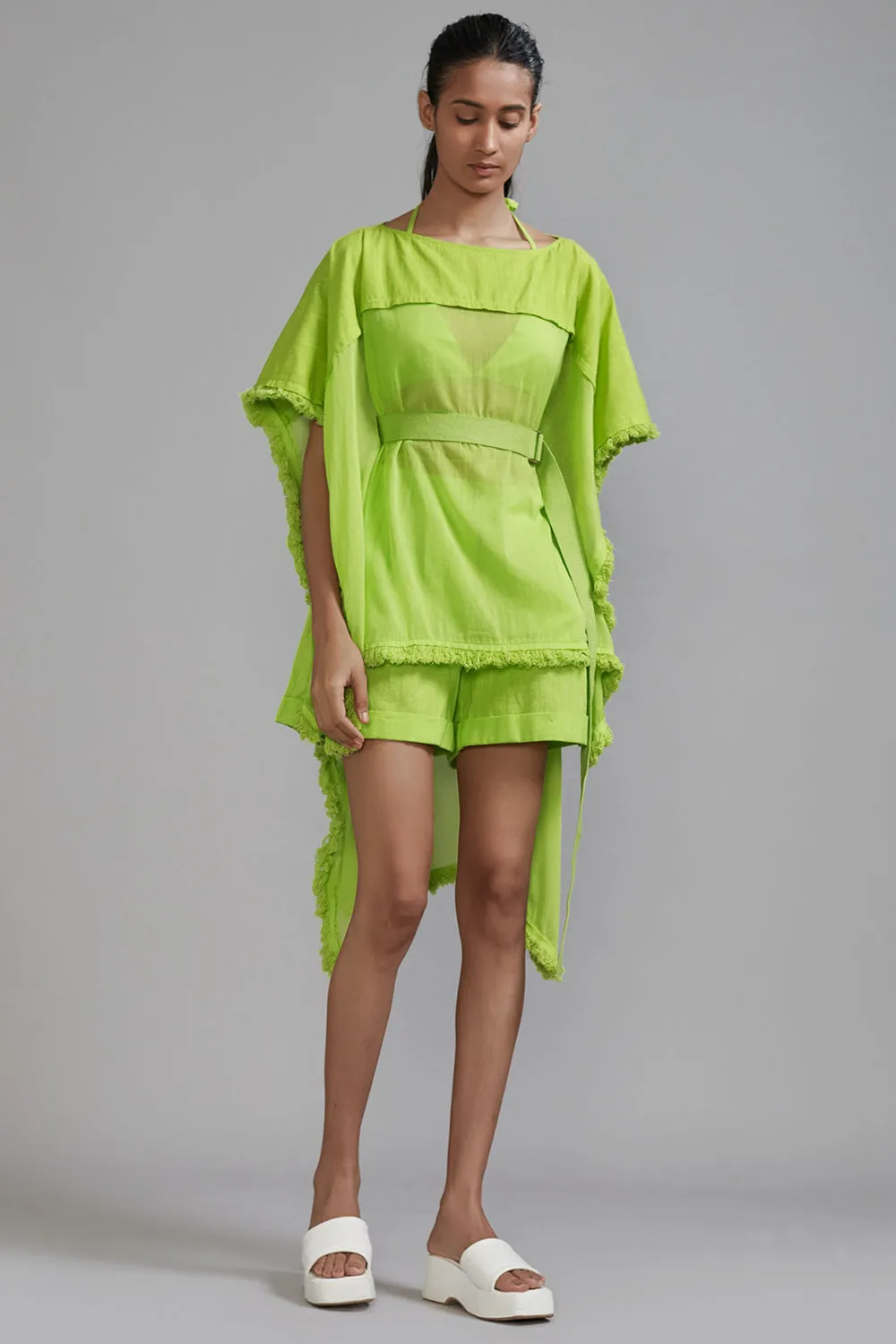 Neon Green Mul Kaftan Top With Belt