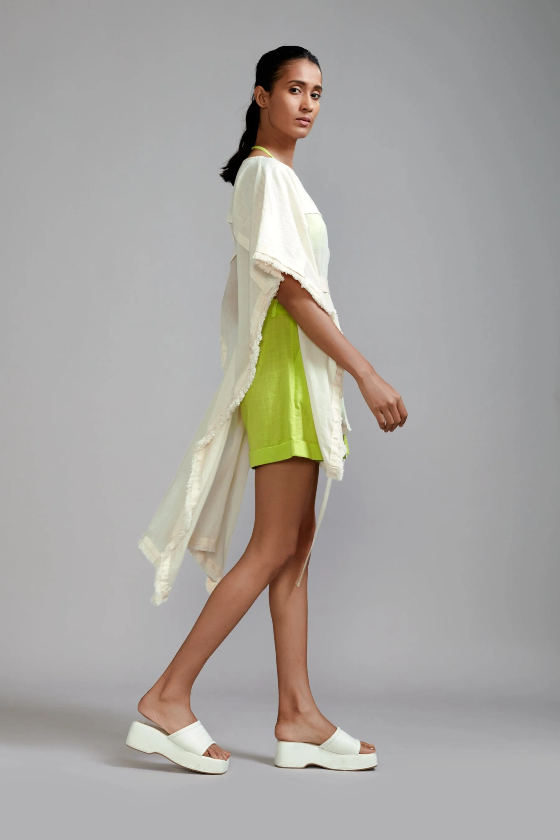 Off-White with Neon Green Fringed Kaftan Co-Ords Set (3 PCS)