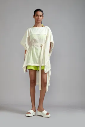 Off-White with Neon Green Fringed Kaftan Co-Ords Set (3 PCS)