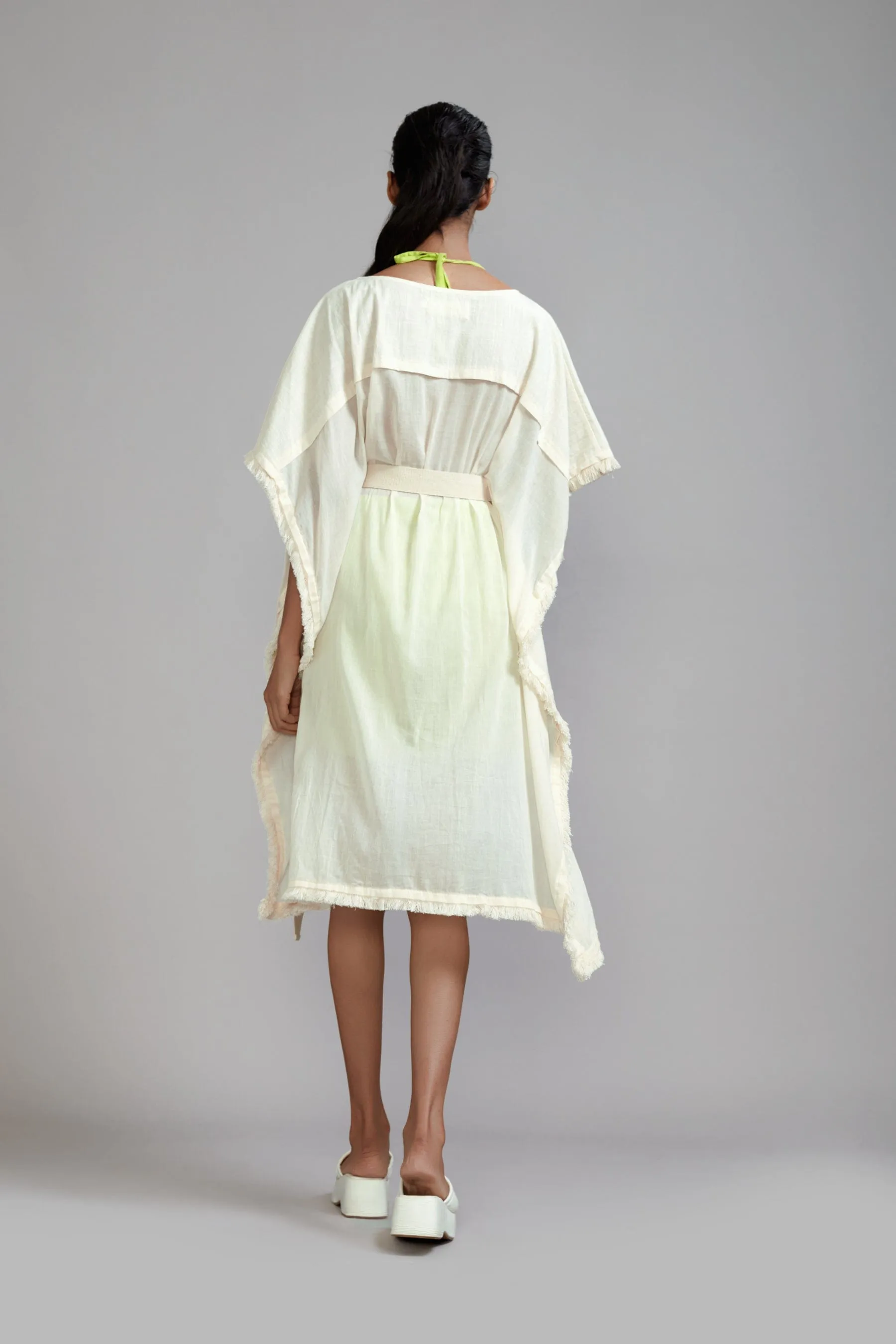 Off-White with Neon Green Fringed Kaftan Co-Ords Set (3 PCS)