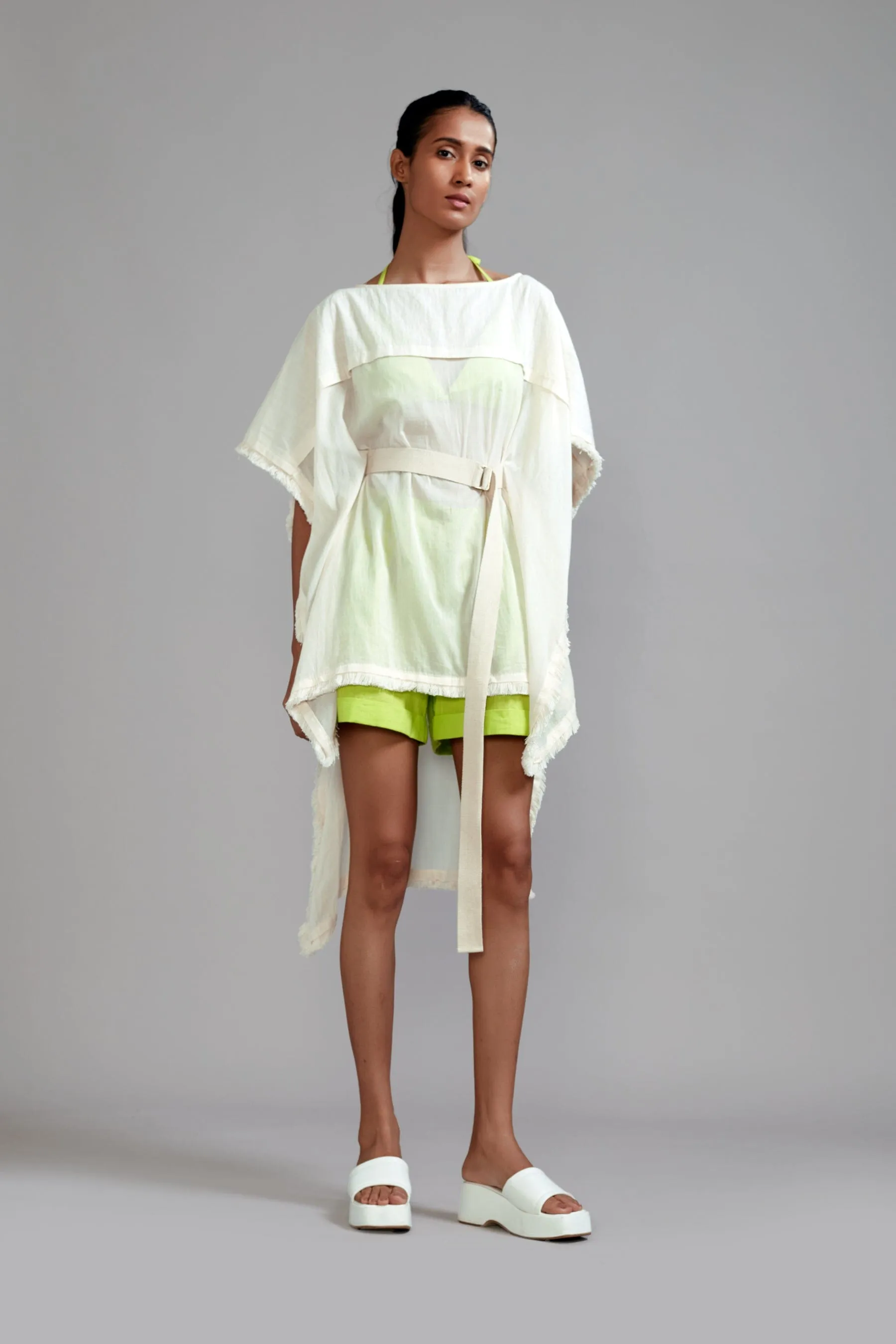 Off-White with Neon Green Fringed Kaftan Co-Ords Set (3 PCS)