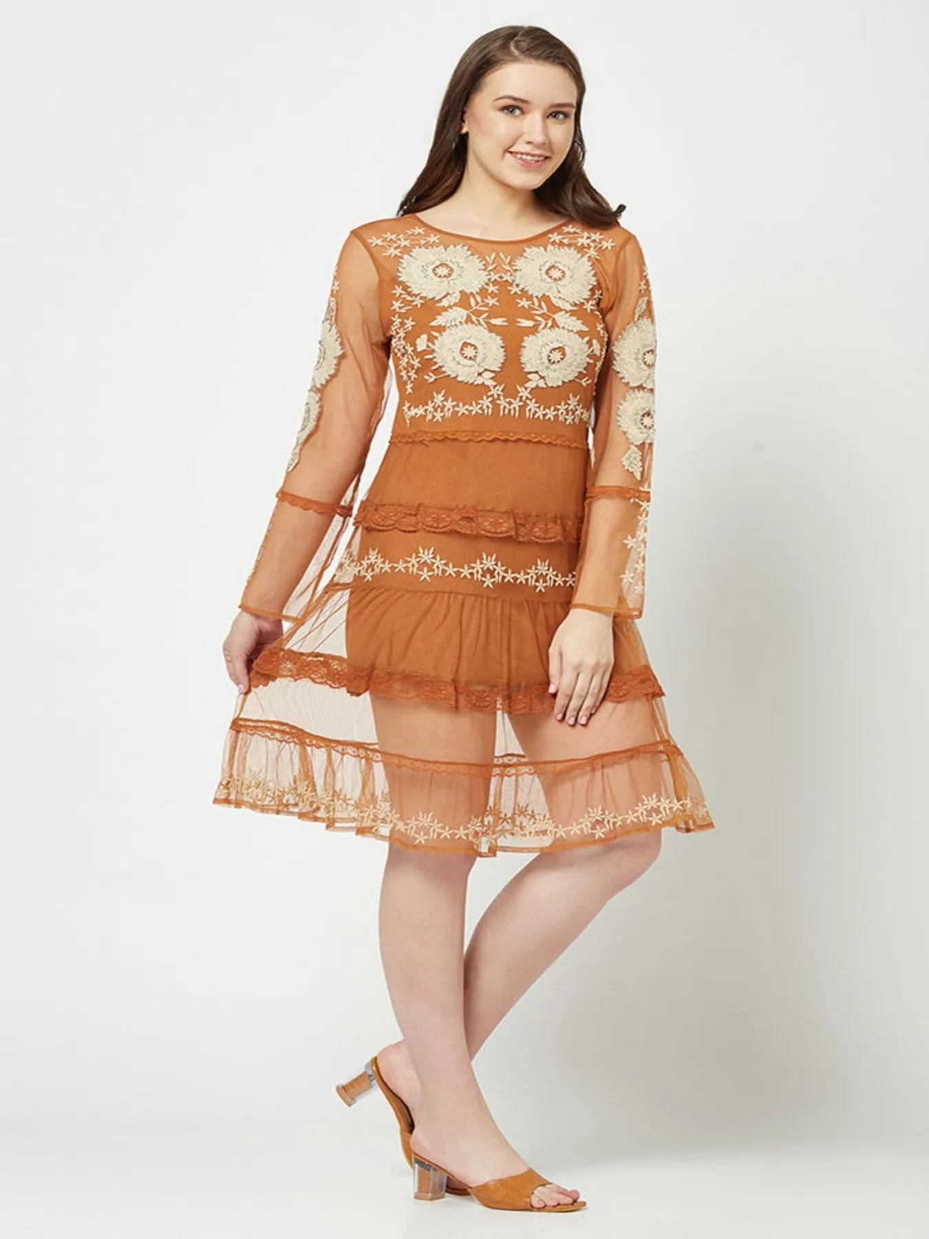 Orange Boho Embroidered Dress