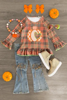 Patterned Pumpkin Ruffle Denim Pant Set