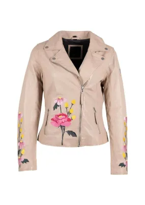 Peonie Floral Moto Leather Jacket - Light Beige