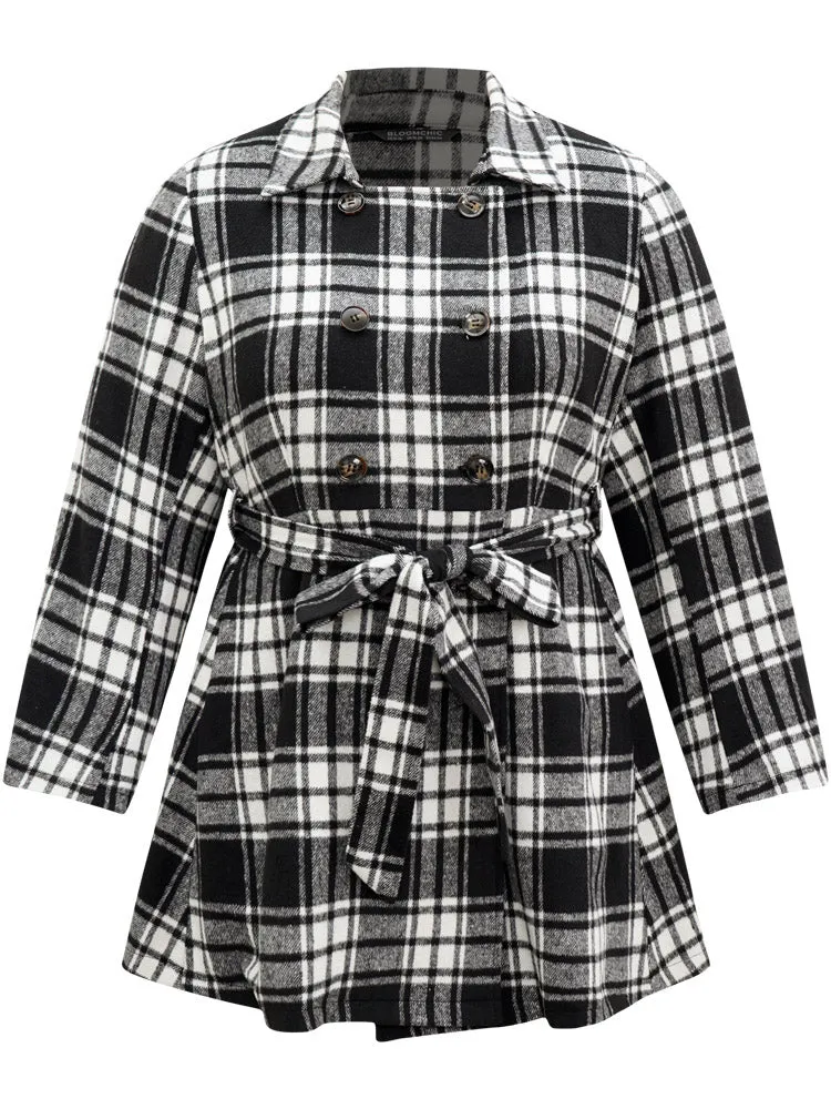 Plaid Belted Pocket Double Breasted Coat