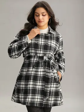 Plaid Belted Pocket Double Breasted Coat