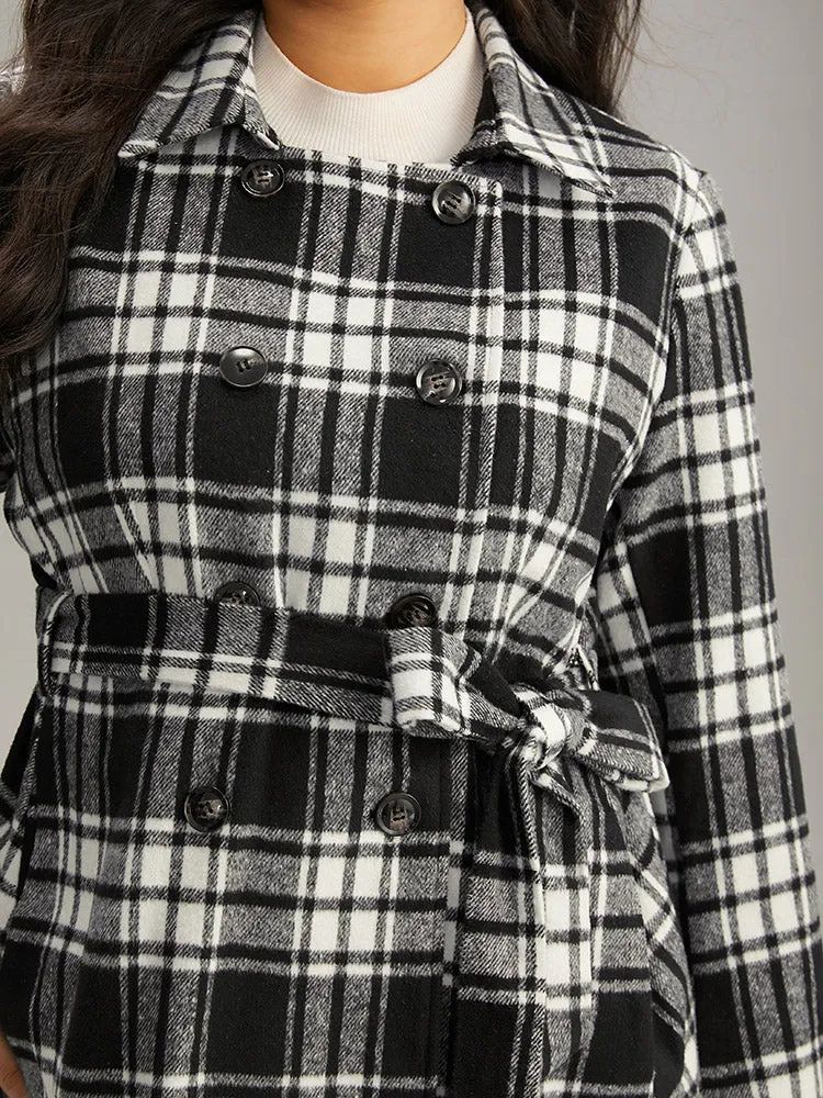 Plaid Belted Pocket Double Breasted Coat