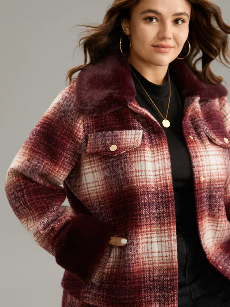 Plaid Patchwork Button Through Fuzzy Trim Jacket