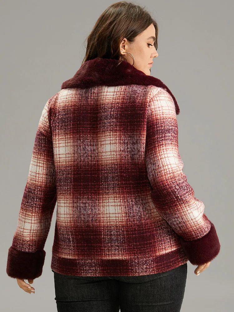 Plaid Patchwork Button Through Fuzzy Trim Jacket