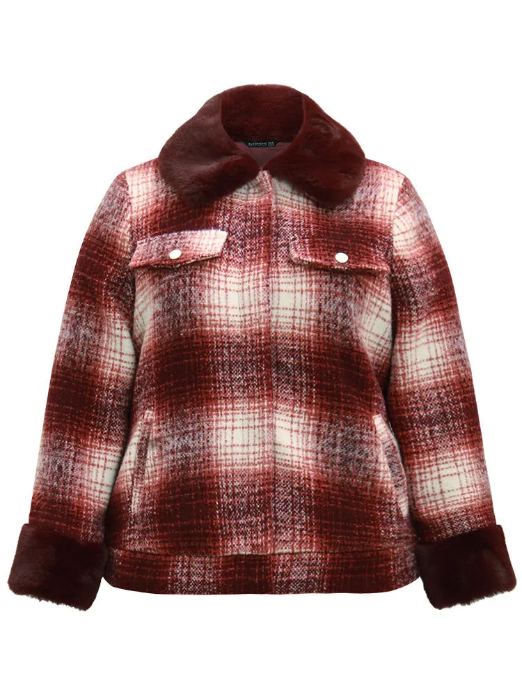 Plaid Patchwork Button Through Fuzzy Trim Jacket