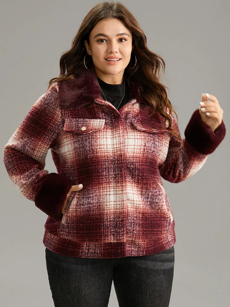 Plaid Patchwork Button Through Fuzzy Trim Jacket