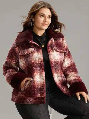 Plaid Patchwork Button Through Fuzzy Trim Jacket