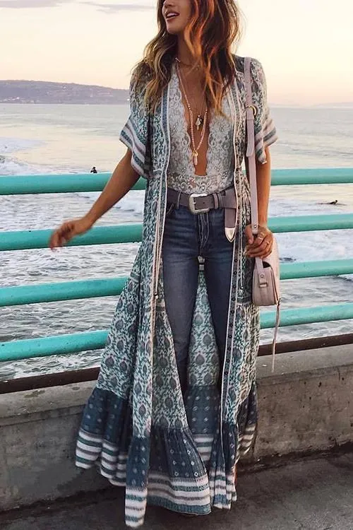 Print V Neck Short Sleeve Maxi Dress