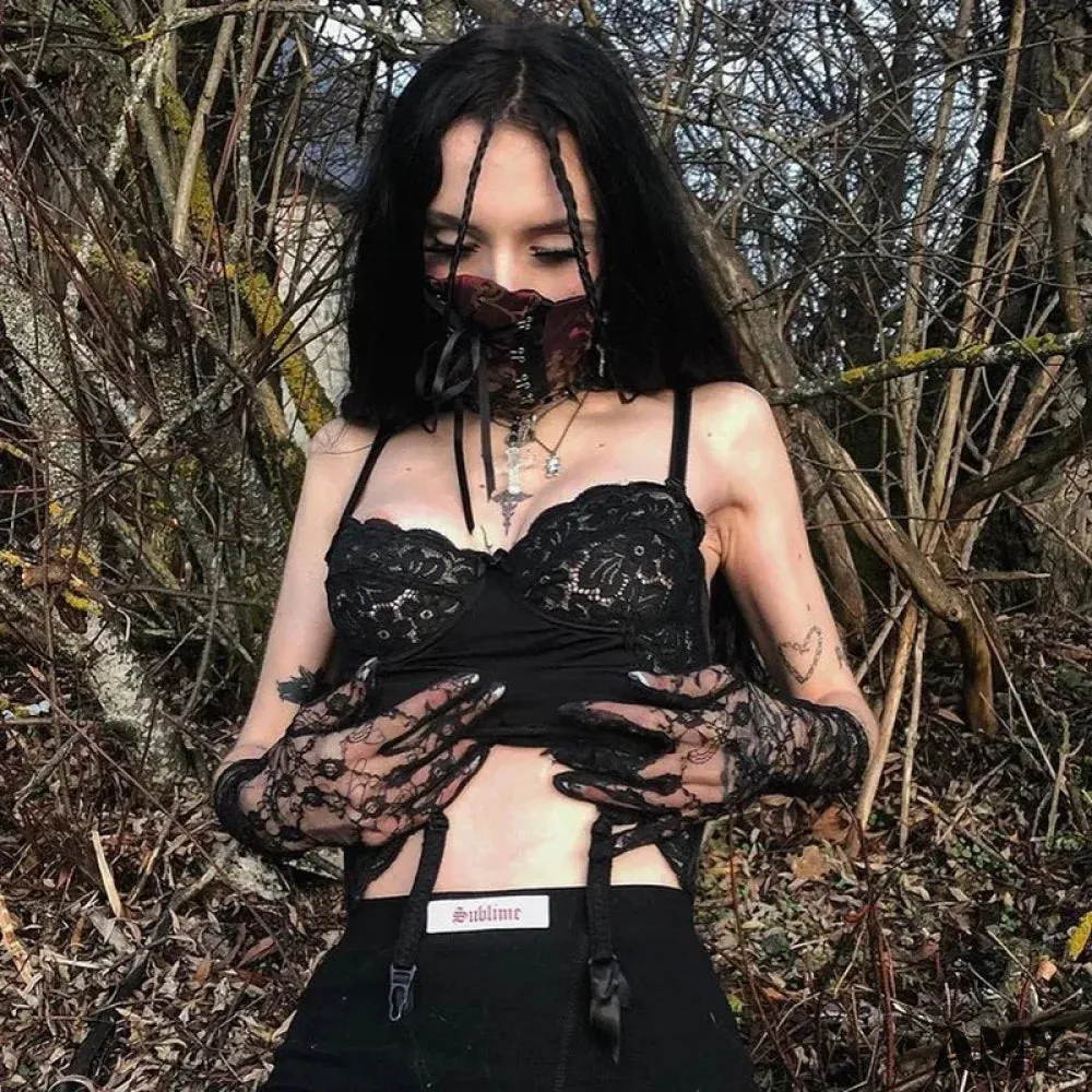 Punk Gothic Suspender Crop Top Lace