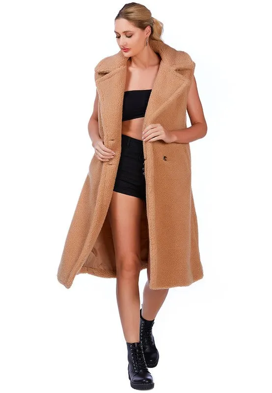 RAG & Co. Long Sleeveless Double-Breasted Faux Fur Coat