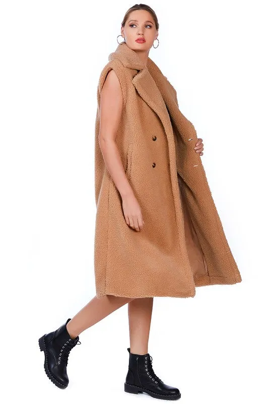 RAG & Co. Long Sleeveless Double-Breasted Faux Fur Coat