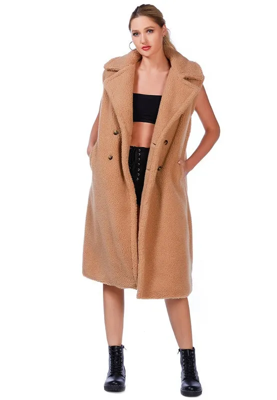 RAG & Co. Long Sleeveless Double-Breasted Faux Fur Coat