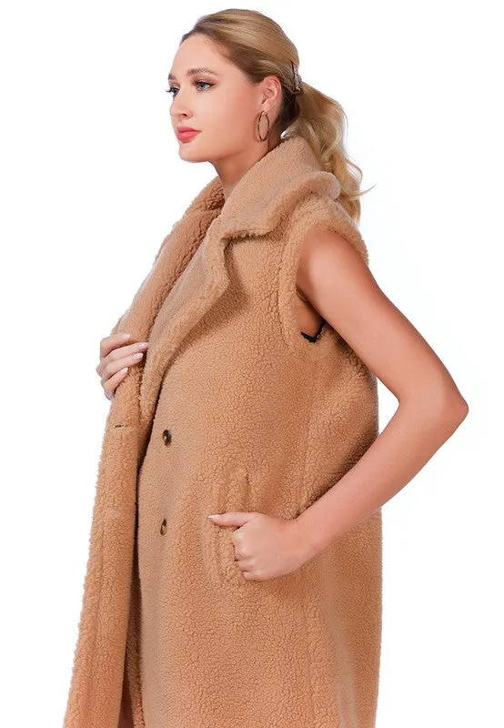 RAG & Co. Long Sleeveless Double-Breasted Faux Fur Coat