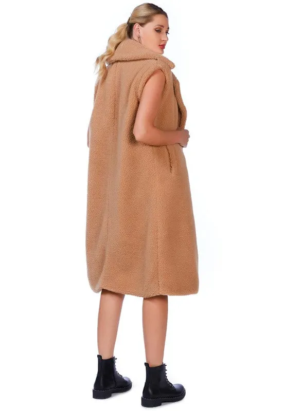 RAG & Co. Long Sleeveless Double-Breasted Faux Fur Coat