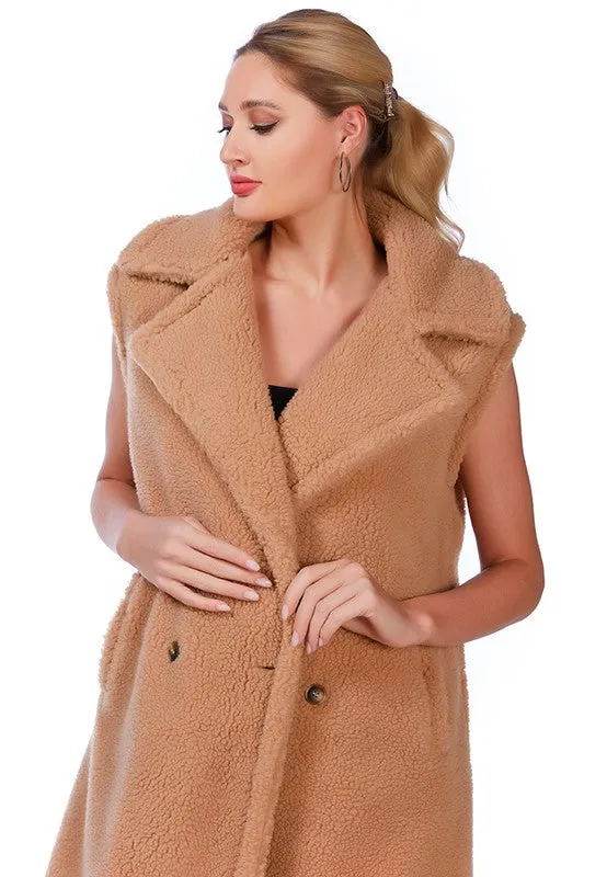 RAG & Co. Long Sleeveless Double-Breasted Faux Fur Coat