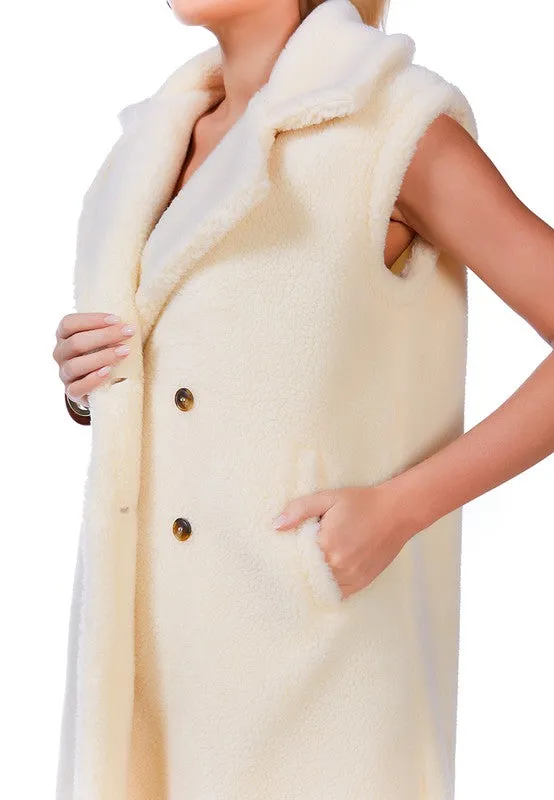 RAG & Co. Long Sleeveless Double-Breasted Faux Fur Coat