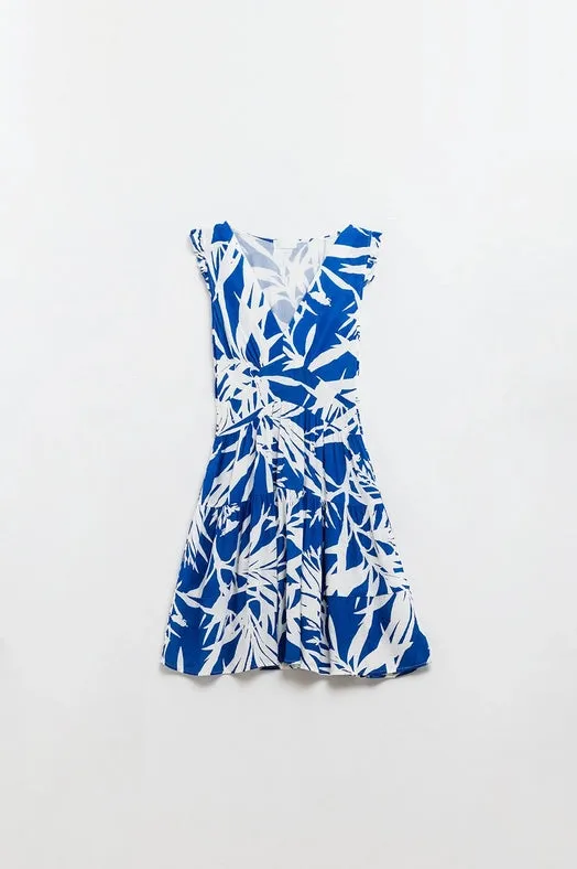 Short Blue Dress with Tropical Palm Print