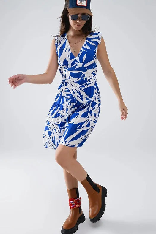 Short Blue Dress with Tropical Palm Print