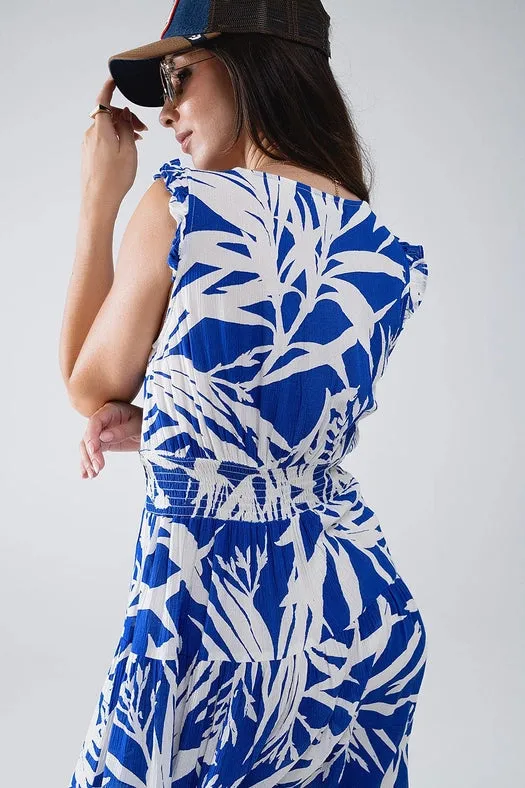 Short Blue Dress with Tropical Palm Print