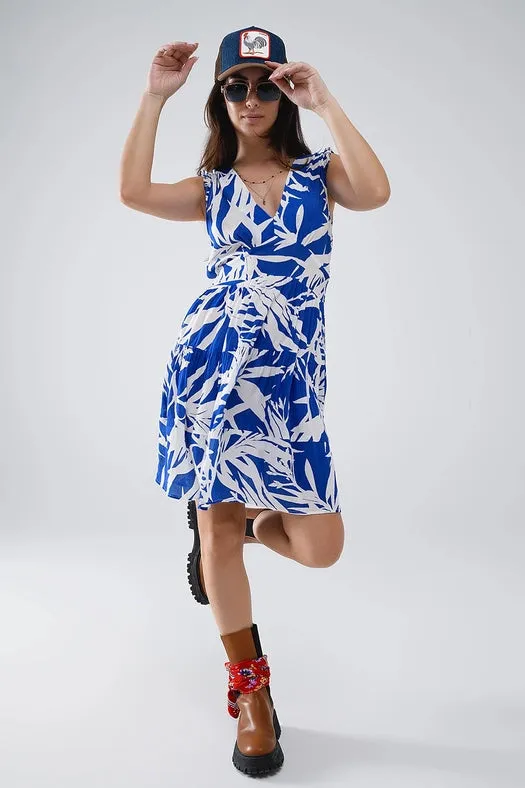 Short Blue Dress with Tropical Palm Print