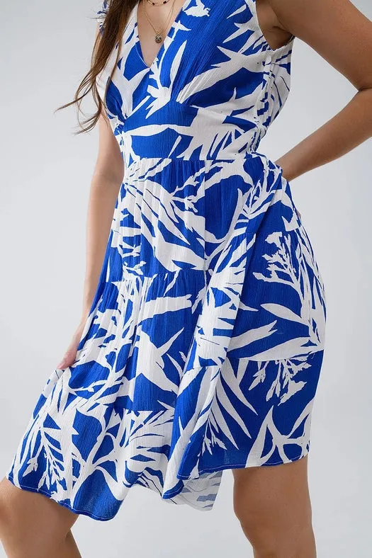 Short Blue Dress with Tropical Palm Print