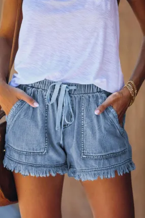 Sky Blue Fringed Denim Shorts