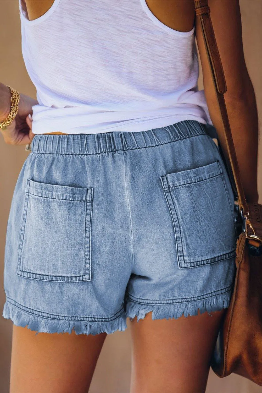 Sky Blue Fringed Denim Shorts