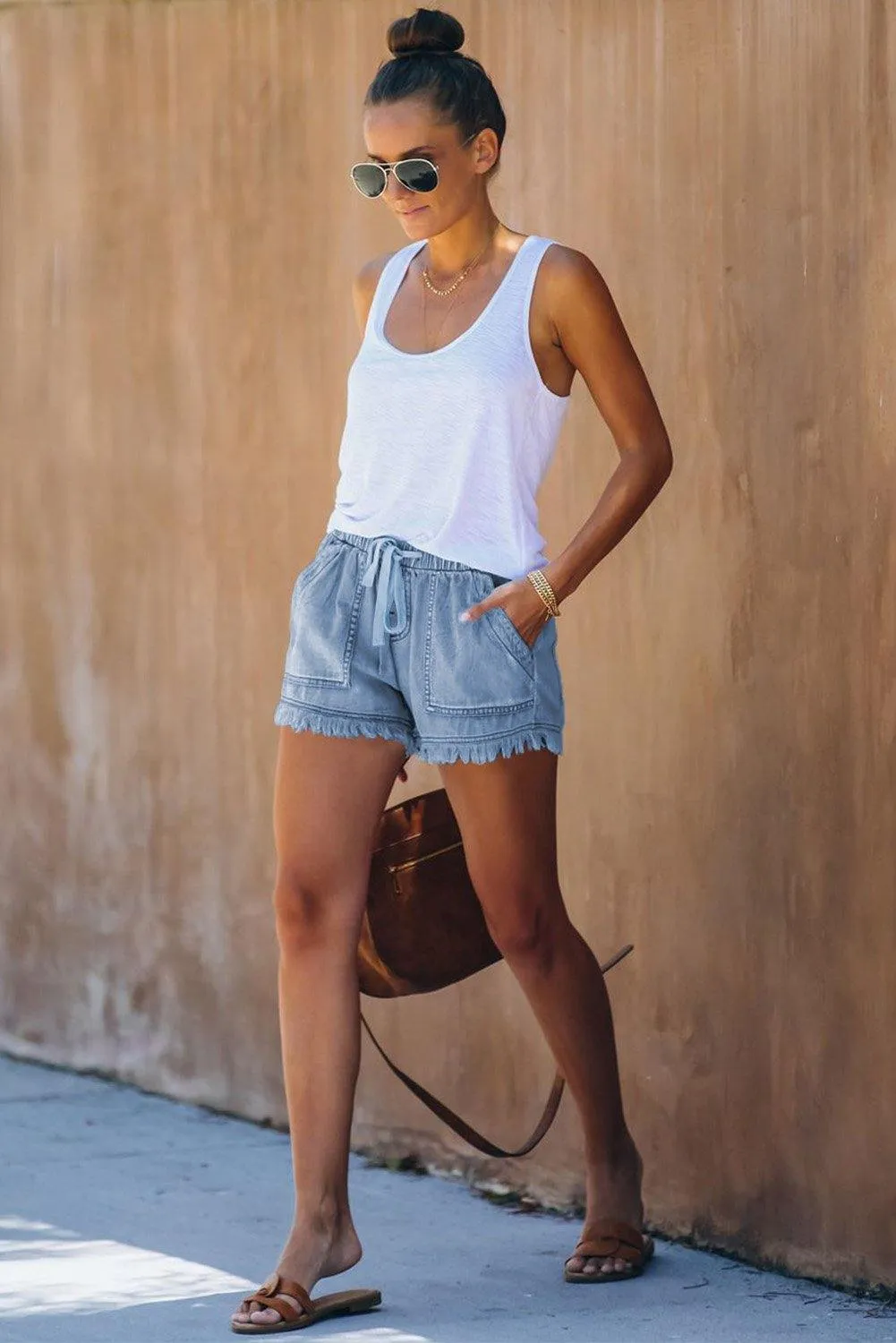 Sky Blue Fringed Denim Shorts