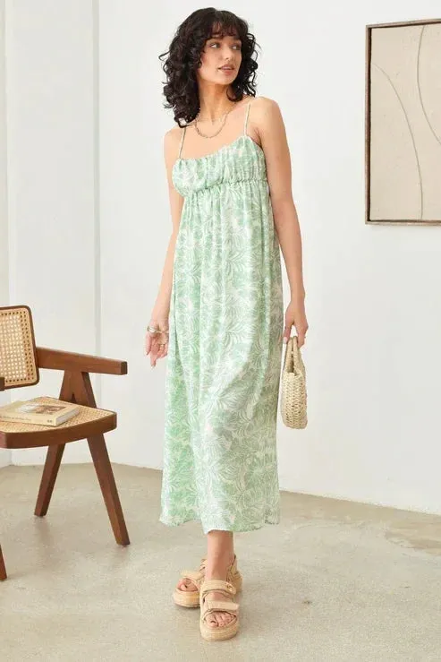 SLEEVELESS SHIRRING TROPICAL PRINT ADJUSTABLE STRAP MAXI DRESS