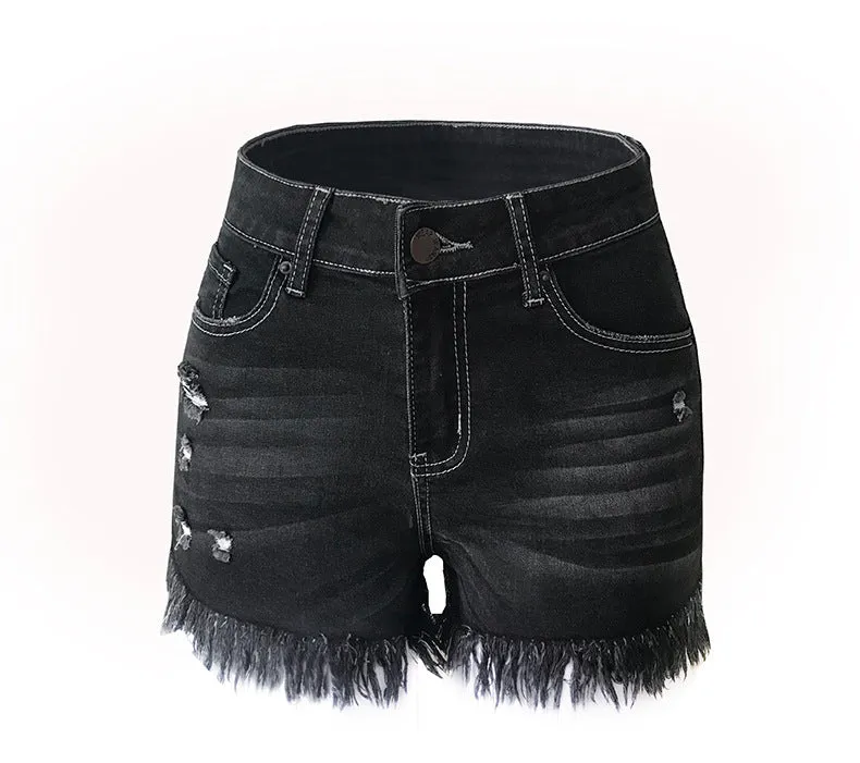 Slimming Ripped Frayed Fringed High Waisted Fringe Denim Shorts