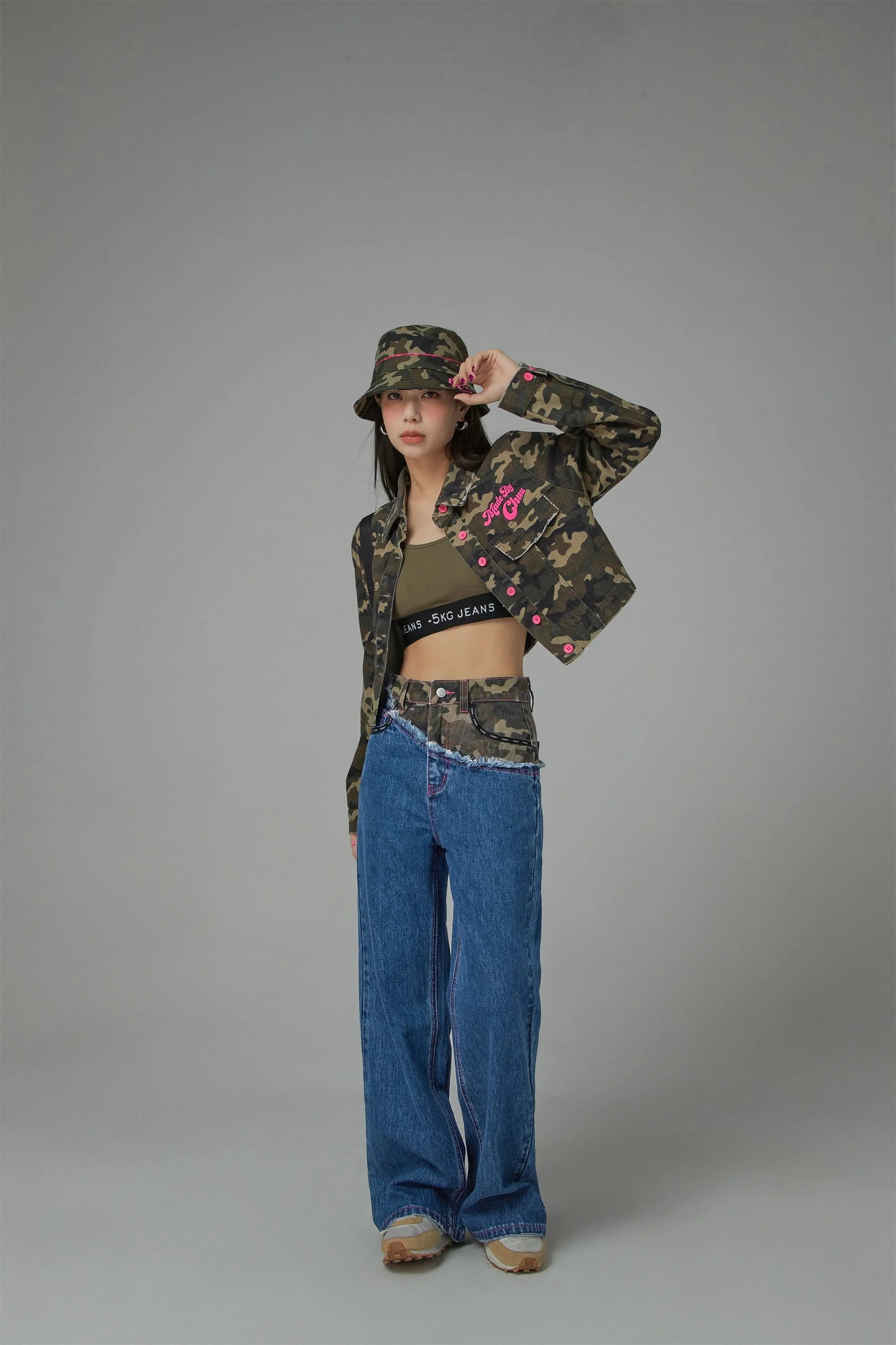 Stitched Camouflage Straight Denim Pants