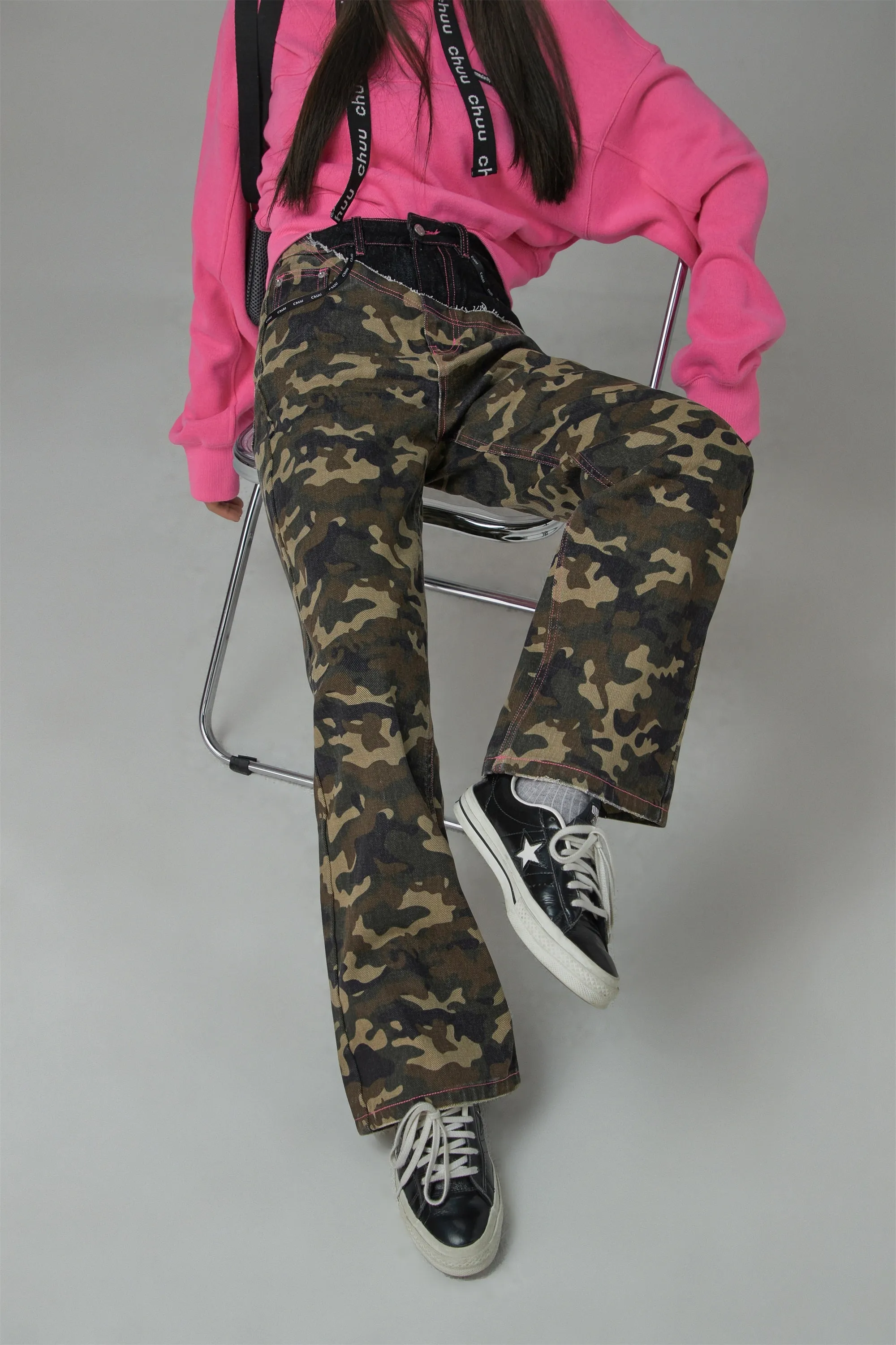 Stitched Camouflage Straight Denim Pants