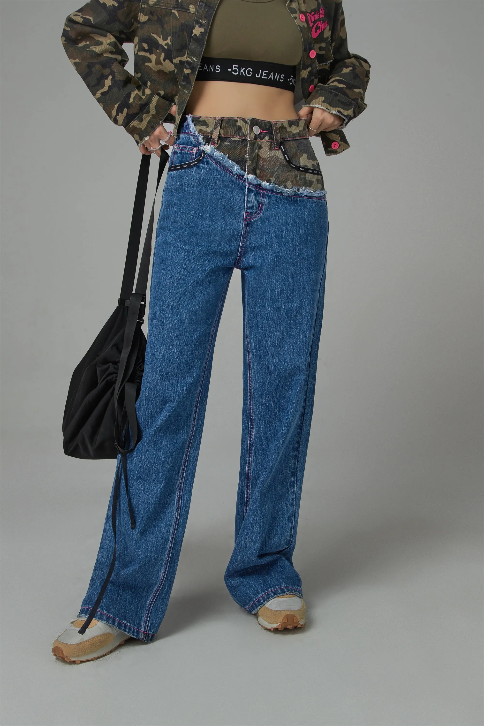 Stitched Camouflage Straight Denim Pants