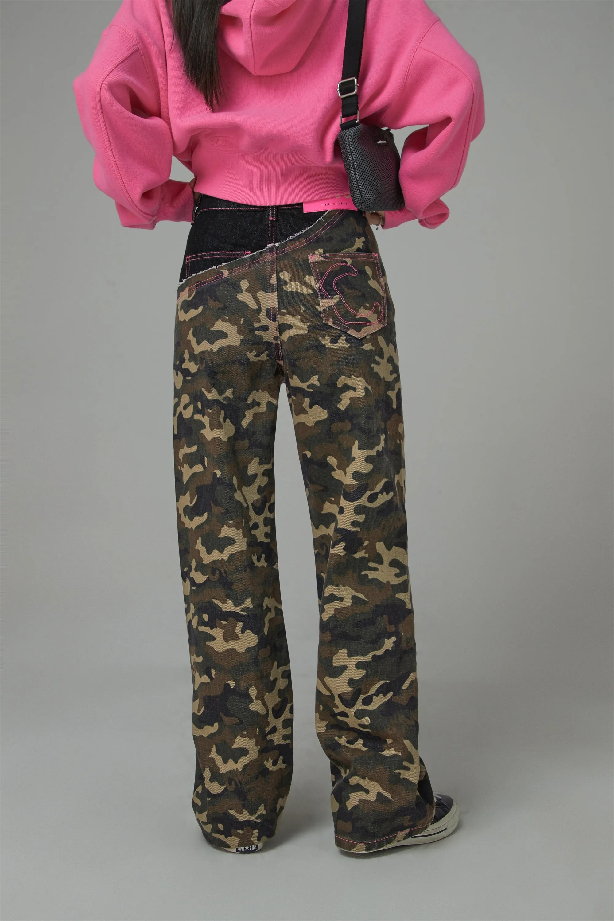 Stitched Camouflage Straight Denim Pants