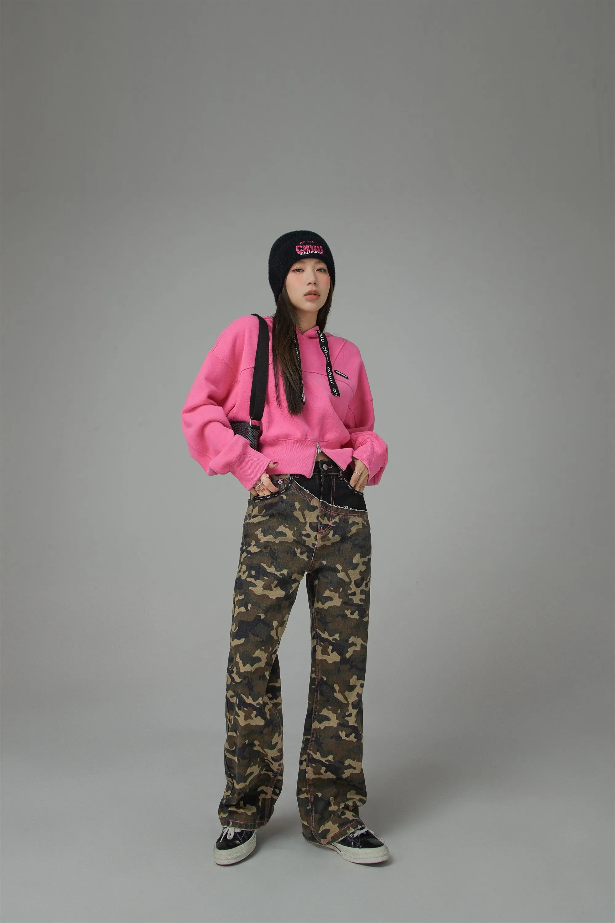 Stitched Camouflage Straight Denim Pants