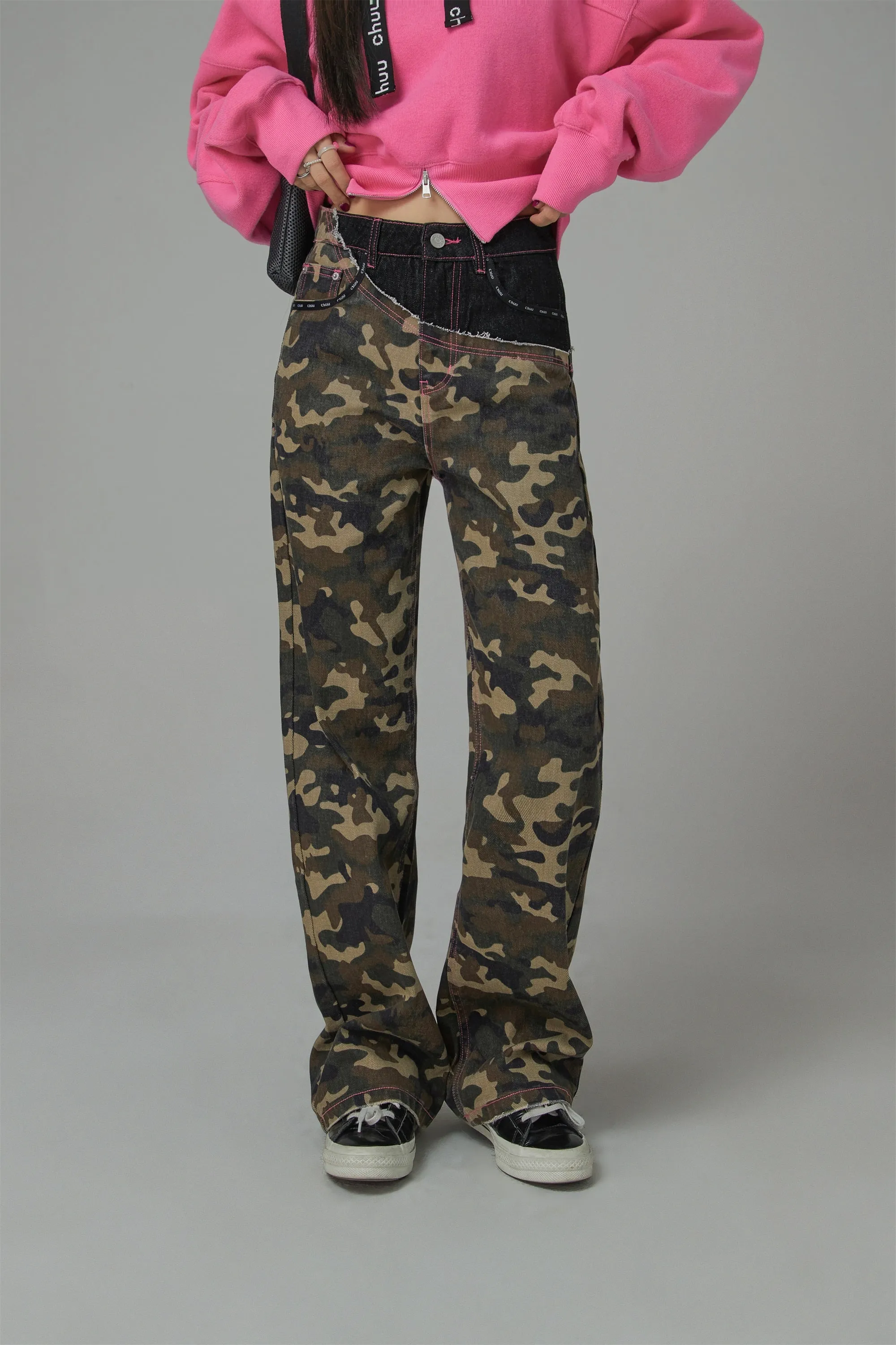 Stitched Camouflage Straight Denim Pants