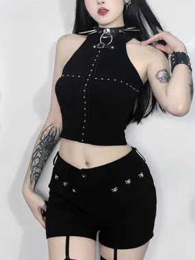 Streetwear Cyber Patchwork Crop Punk Alt Gothic Dark Grunge Black Cross Top