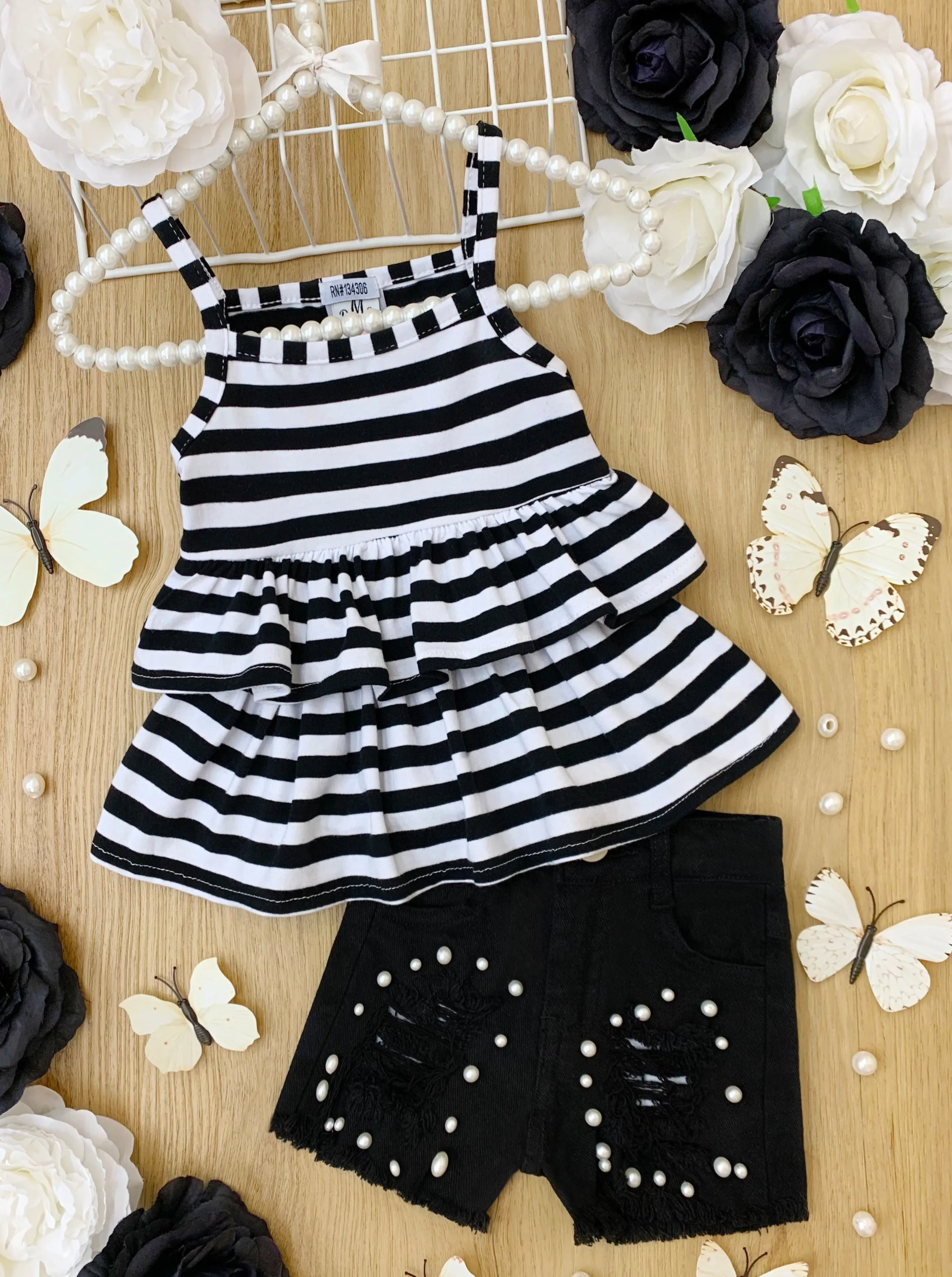 Stripes and Pearls Denim Short Set