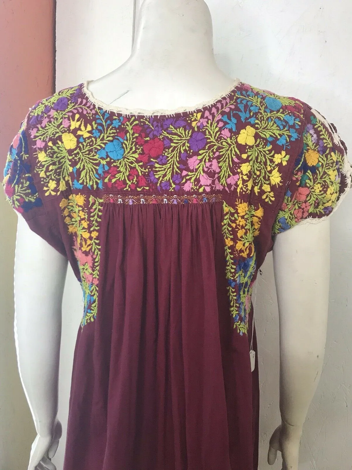 Vintage 60s 70s Boho Oaxacan Mexican Hand Embroidered Festival Dress