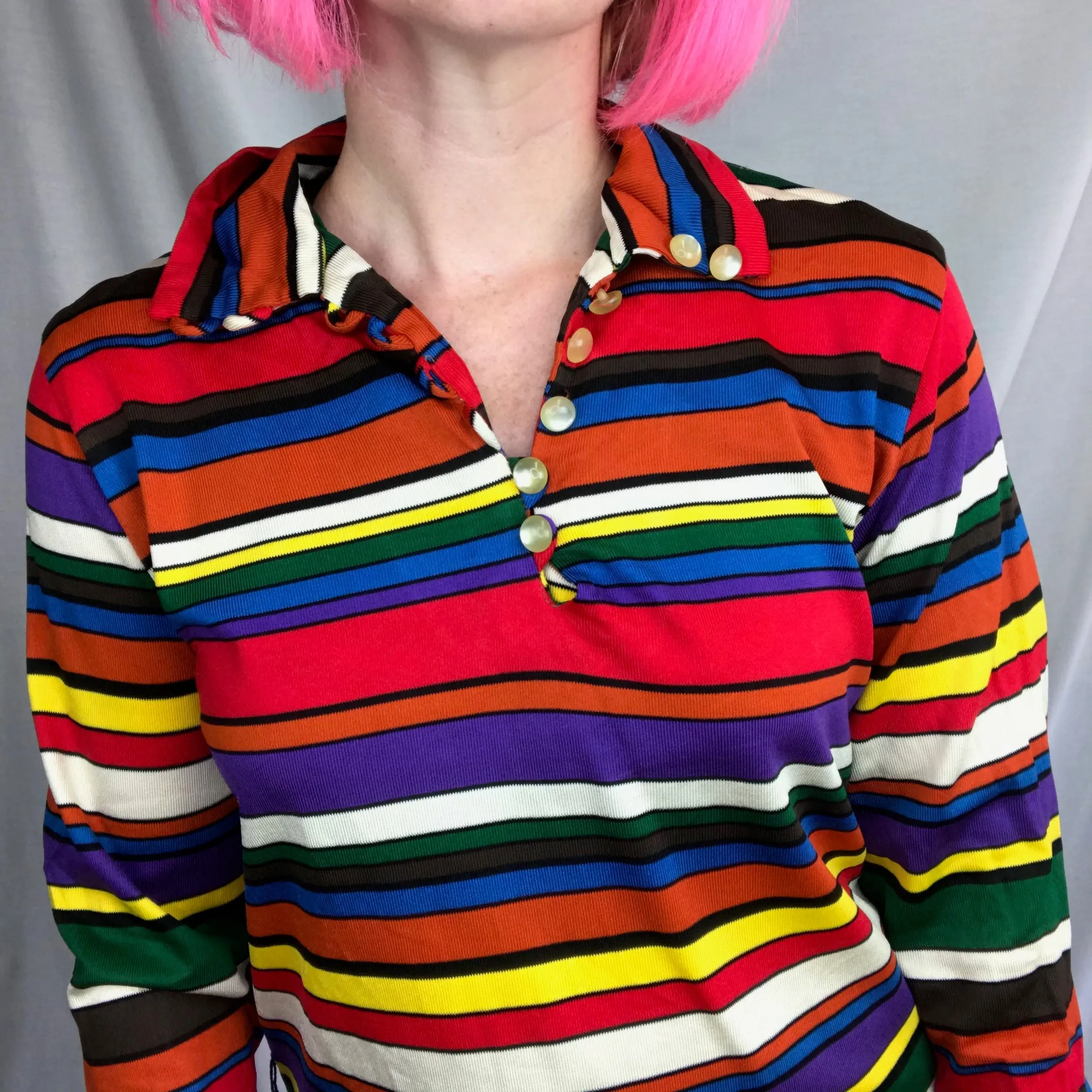 Vintage 60s 70s | Candy Stripe Novelty Psychedelic Mod Boho Dress Blouse Top | L